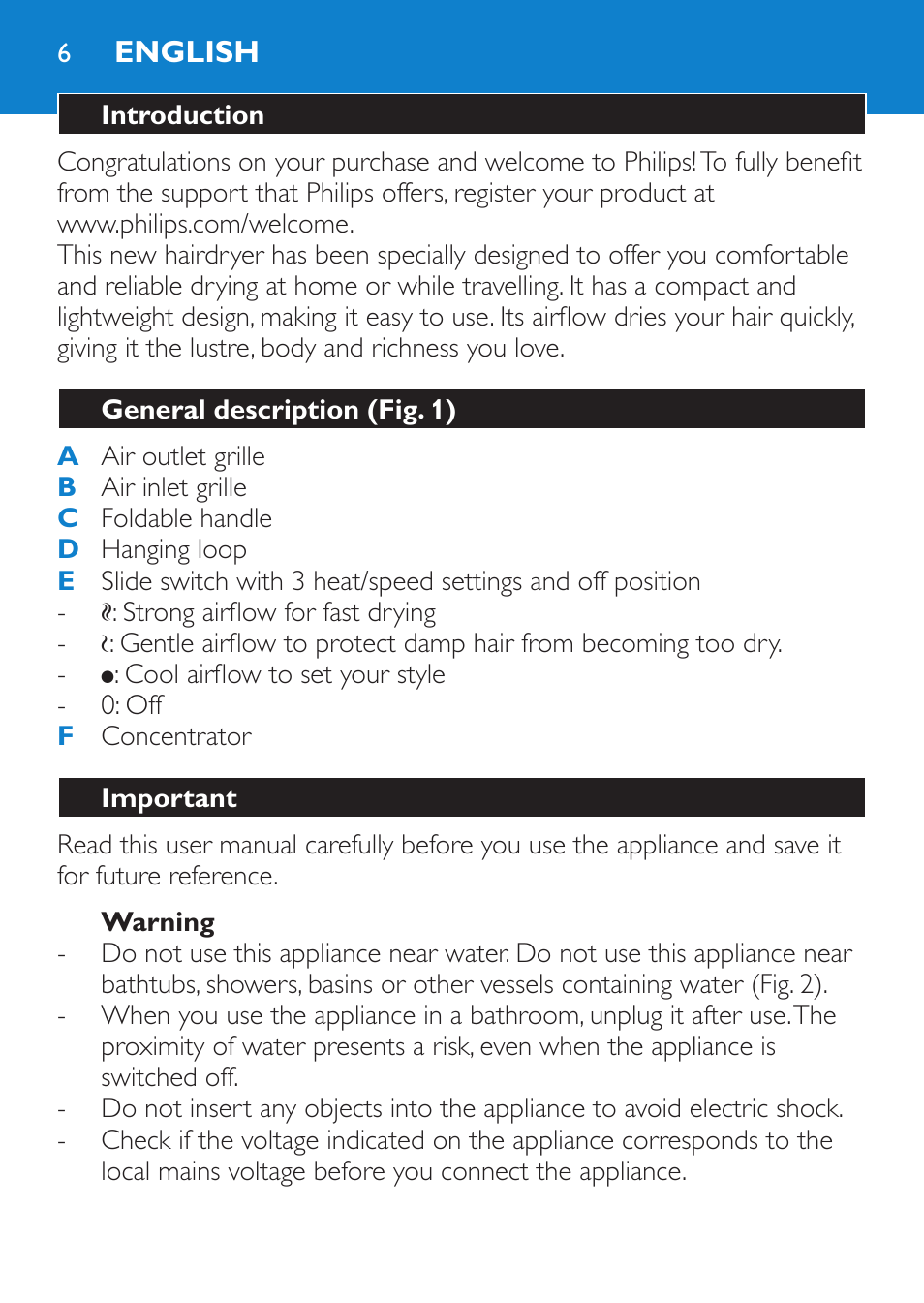 English, Introduction, General description (fig. 1) | Important, Warning | Philips Sèche-cheveux User Manual | Page 6 / 62