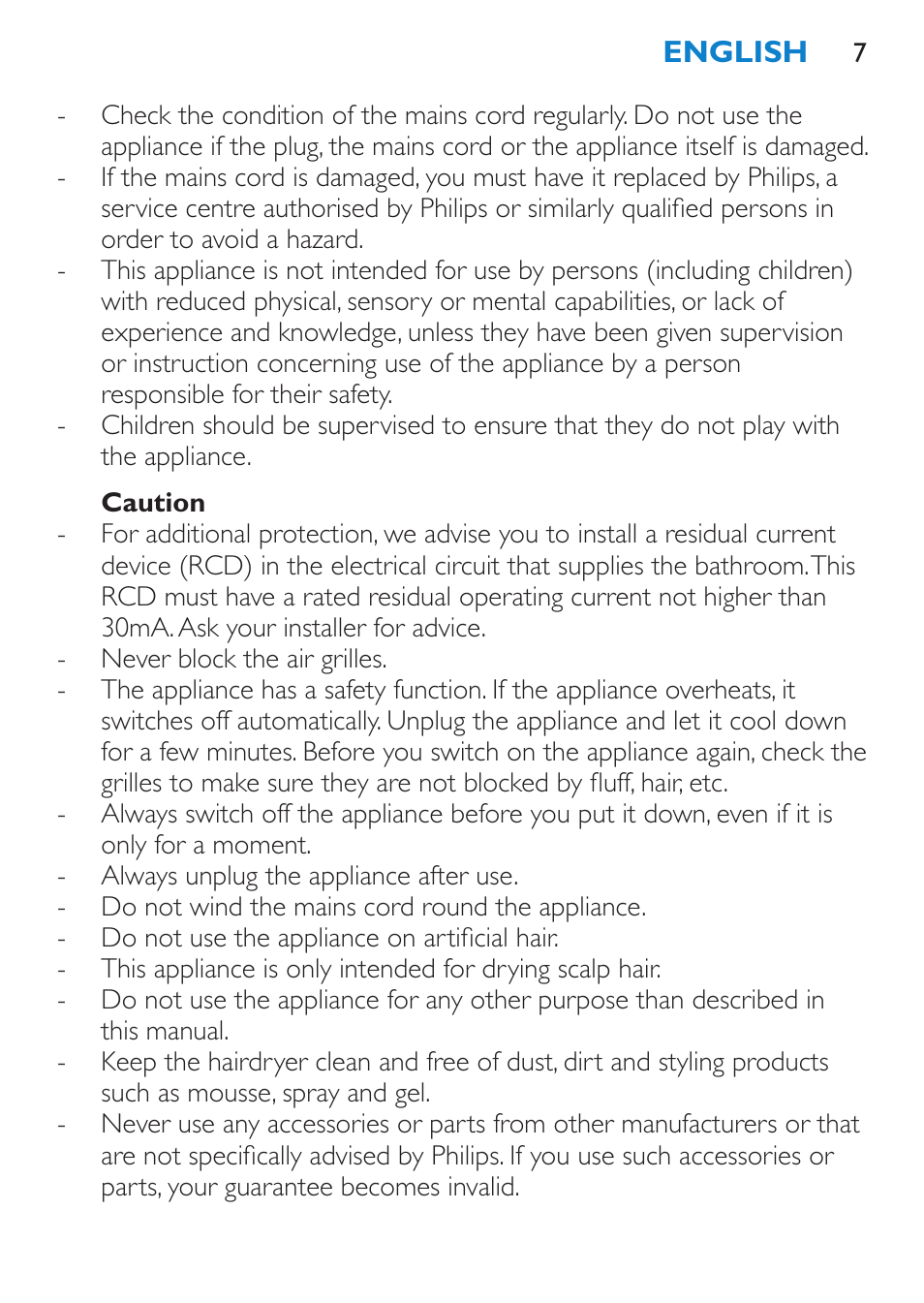 Caution | Philips Sèche-cheveux User Manual | Page 7 / 62