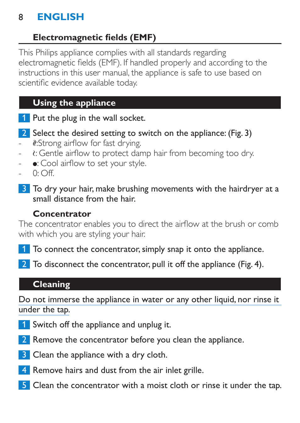 Electromagnetic fields (emf), Concentrator, Using the appliance | Cleaning | Philips Sèche-cheveux User Manual | Page 8 / 62