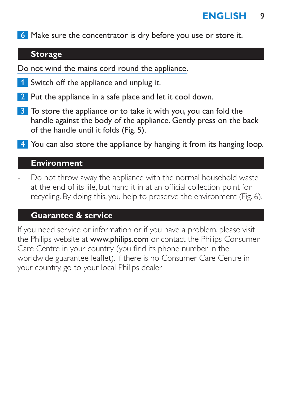 Storage, Environment, Guarantee & service | Philips Sèche-cheveux User Manual | Page 9 / 62