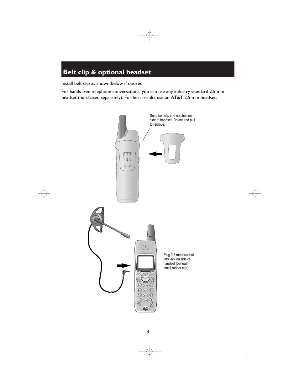 Belt clip & optional headset | AT&T E580-1 User Manual | Page 6 / 9