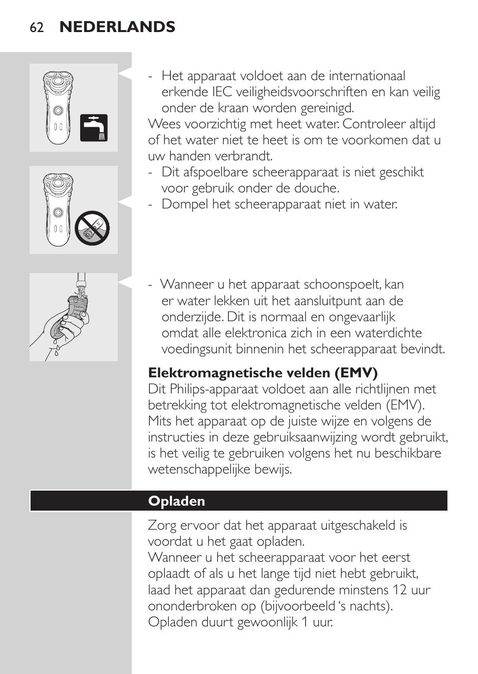 Elektromagnetische velden (emv), Opladen | Philips SHAVER Series 3000 Rasoir électrique User Manual | Page 60 / 92