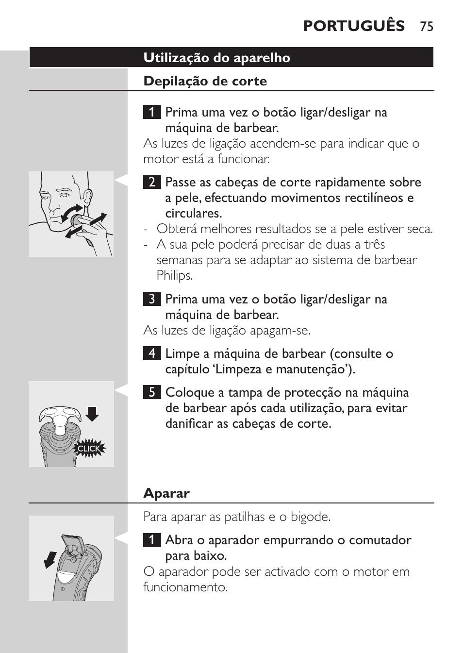 Utilização do aparelho, Depilação de corte, Aparar | Philips SHAVER Series 3000 Rasoir électrique User Manual | Page 73 / 92