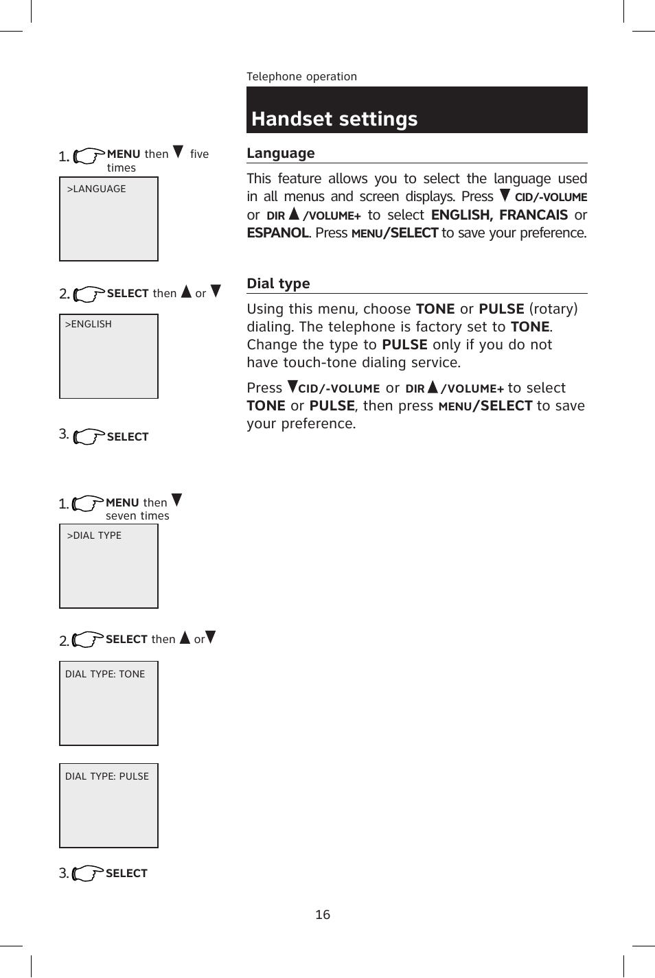 Handset settings | AT&T E2801 User Manual | Page 19 / 53