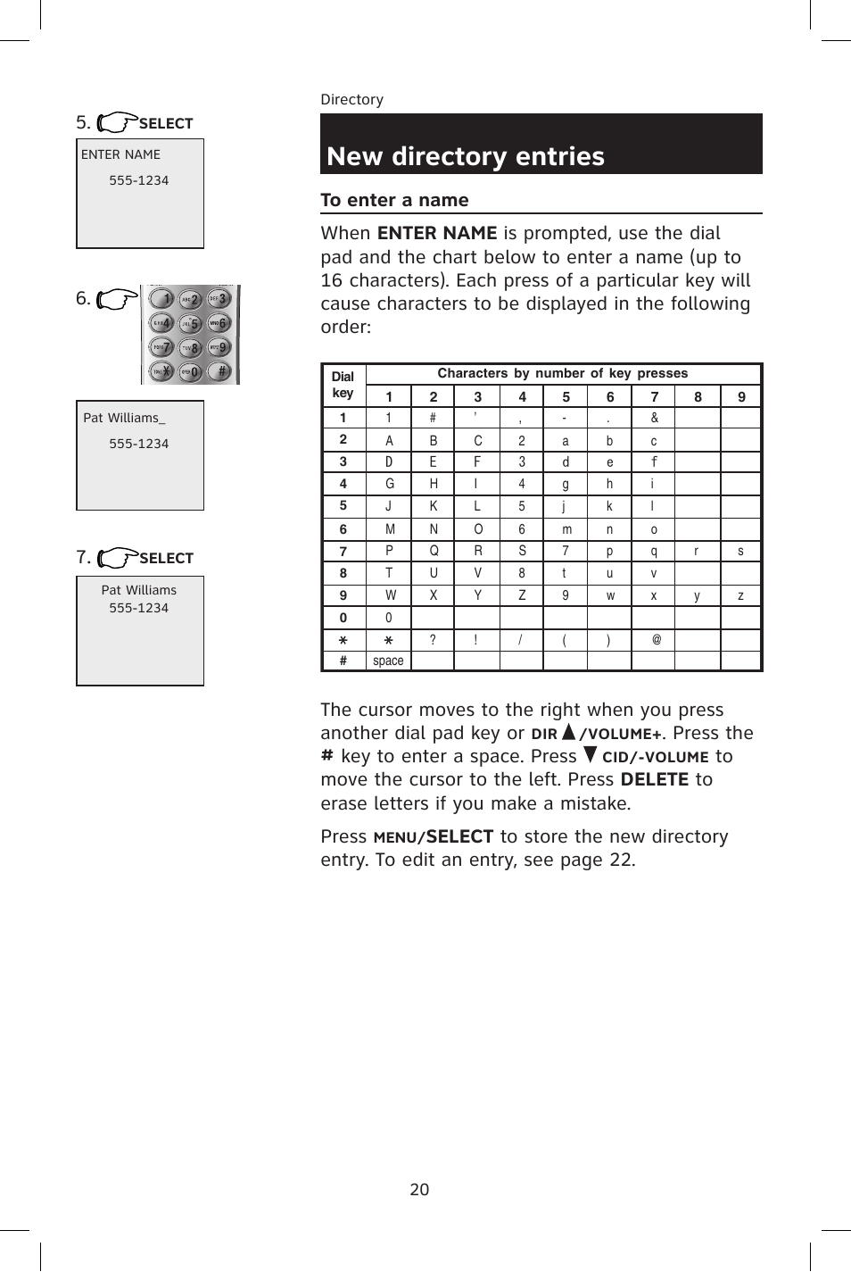 New directory entries, Press the # key to enter a space. press | AT&T E2801 User Manual | Page 23 / 53