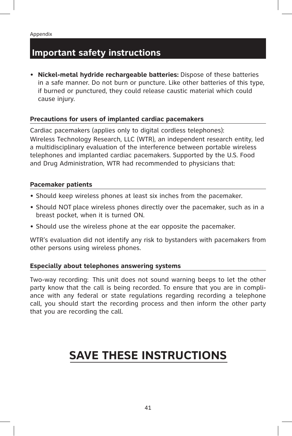 Save these instructions, Important safety instructions | AT&T E2801 User Manual | Page 44 / 53