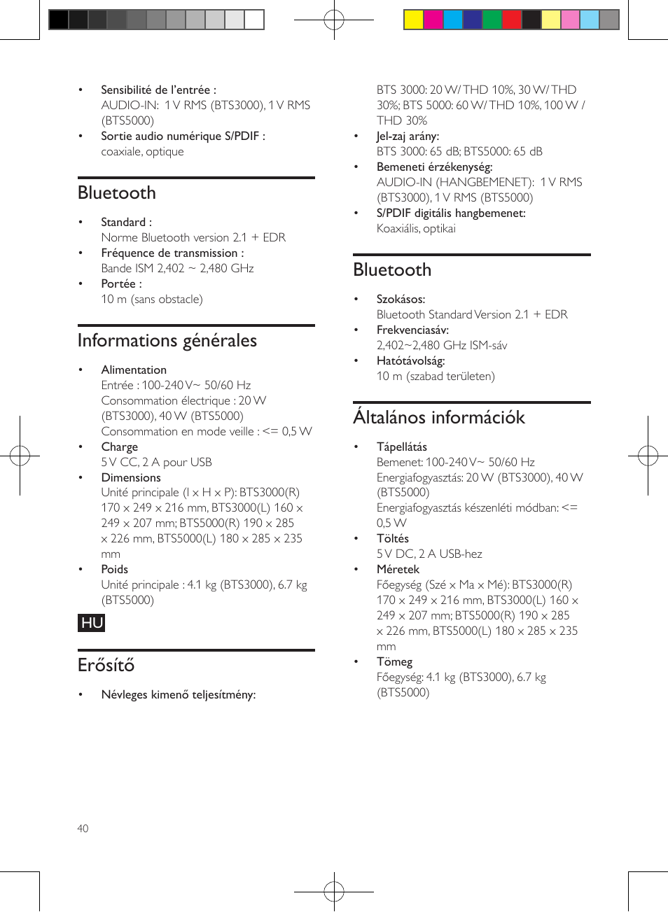 Bluetooth, Informations générales, Erősítő | Általános információk | Philips enceintes sans fil stéréo User Manual | Page 40 / 48