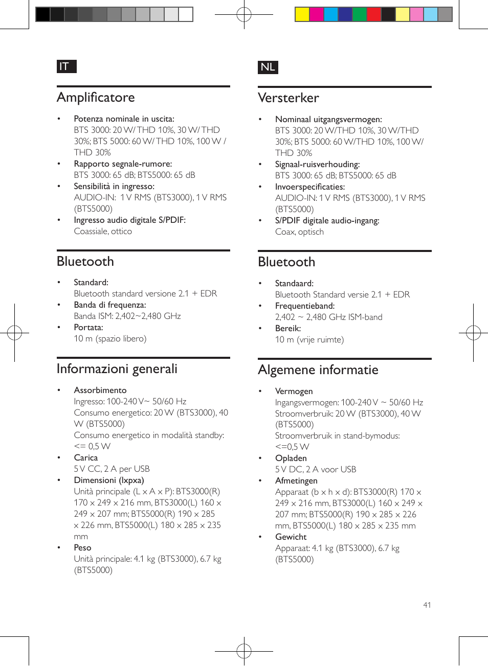 Amplificatore, Bluetooth, Informazioni generali | Versterker, Algemene informatie | Philips enceintes sans fil stéréo User Manual | Page 41 / 48