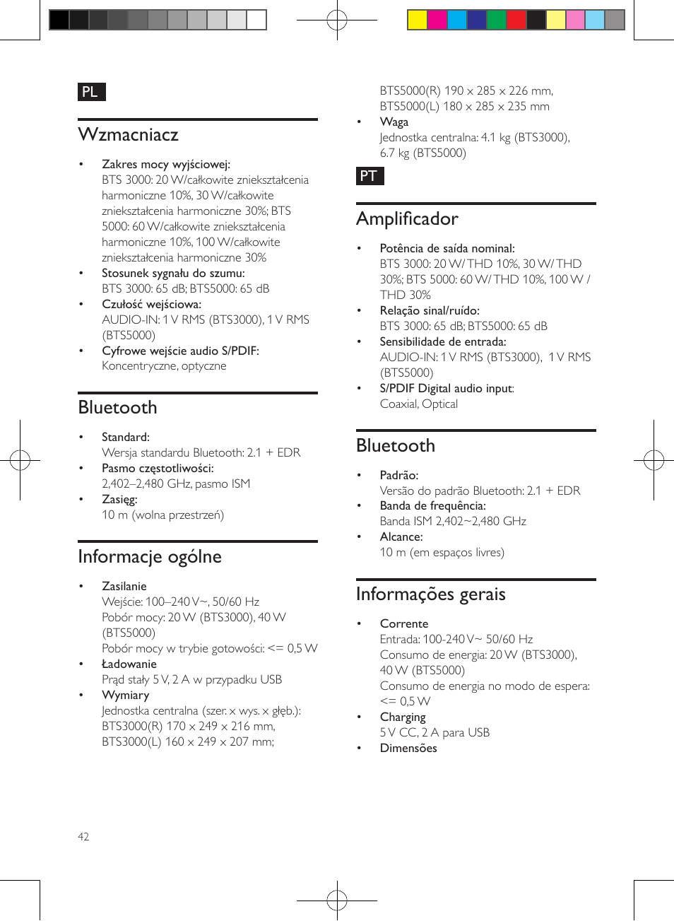 Wzmacniacz, Bluetooth, Informacje ogólne | Amplificador, Informações gerais | Philips enceintes sans fil stéréo User Manual | Page 42 / 48