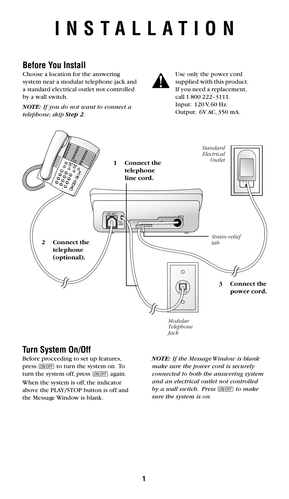 Before you install, Turn system on/off | AT&T 1719 User Manual | Page 2 / 10