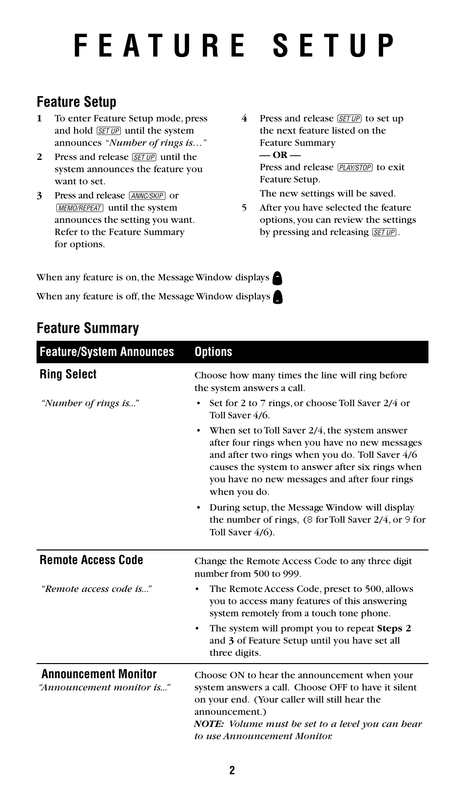 Feature setup, Feature summary | AT&T 1719 User Manual | Page 3 / 10