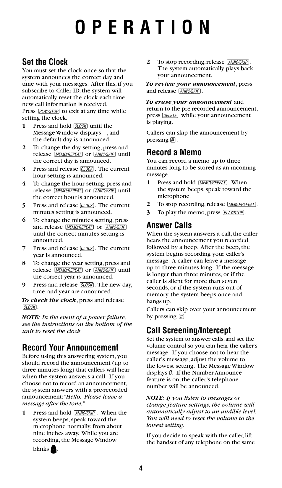 Set the clock, Record your announcement, Answer calls | Call screening/intercept | AT&T 1719 User Manual | Page 5 / 10