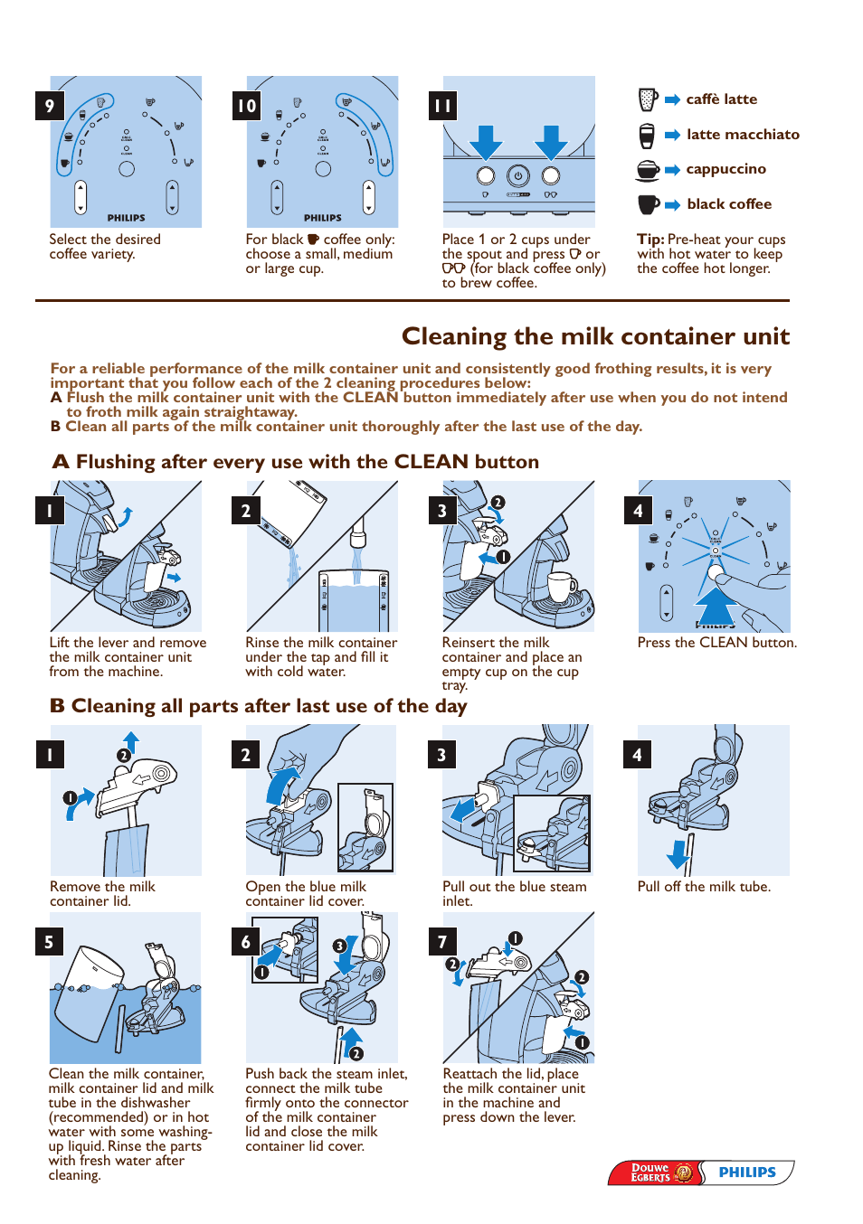 Cleaning the milk container unit, A flushing after every use with the clean button, B cleaning all parts after last use of the day | Philips SENSEO® Machine à café à dosettes User Manual | Page 3 / 12
