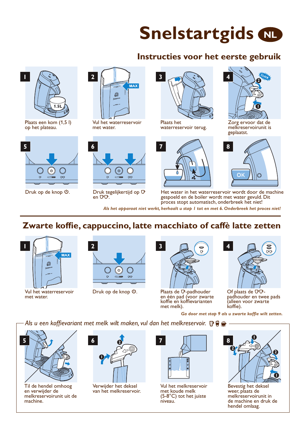 Snelstartgids, Instructies voor het eerste gebruik | Philips SENSEO® Machine à café à dosettes User Manual | Page 8 / 12