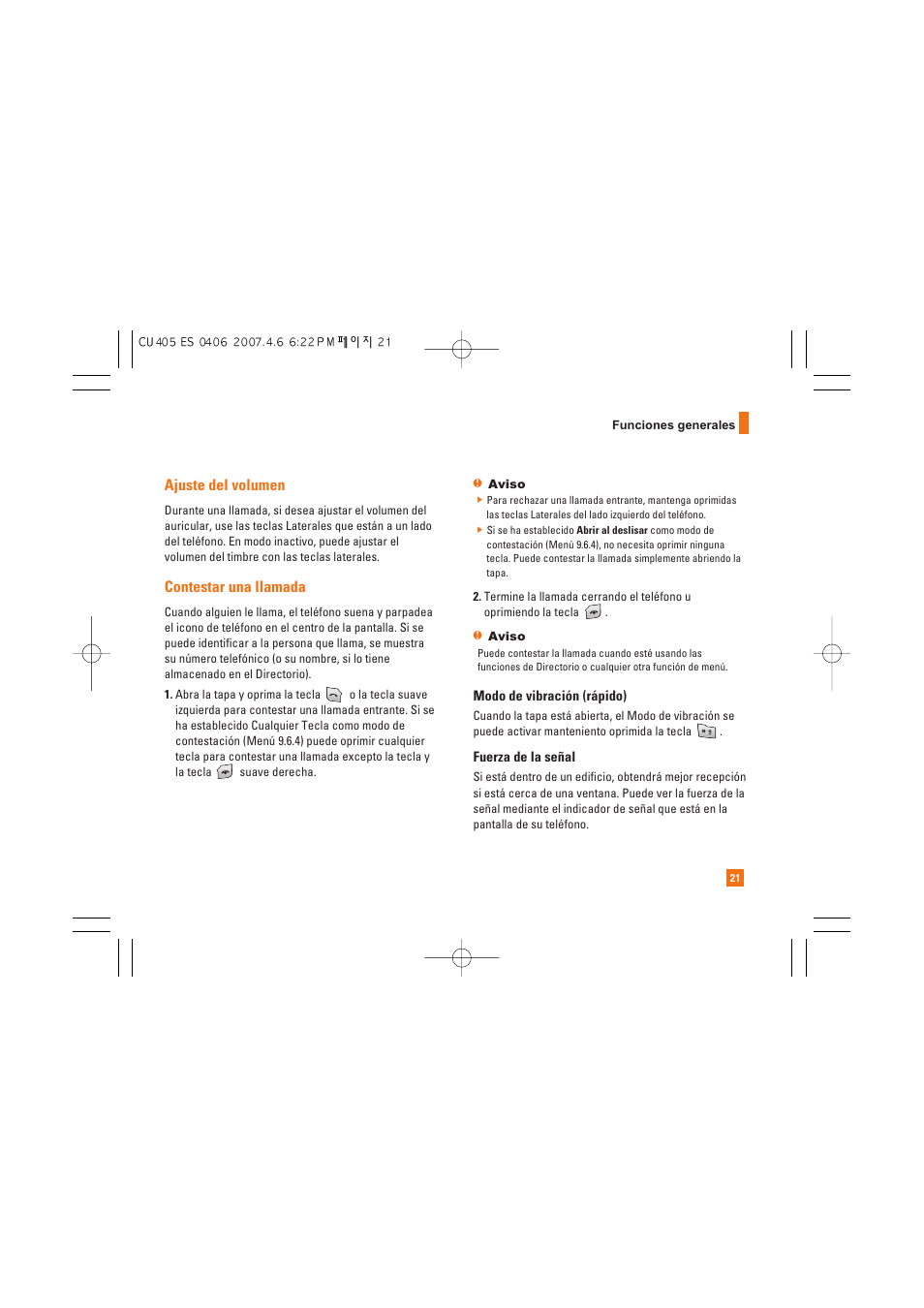 Ajuste del volumen, Contestar una llamada | AT&T CU405 User Manual | Page 135 / 230
