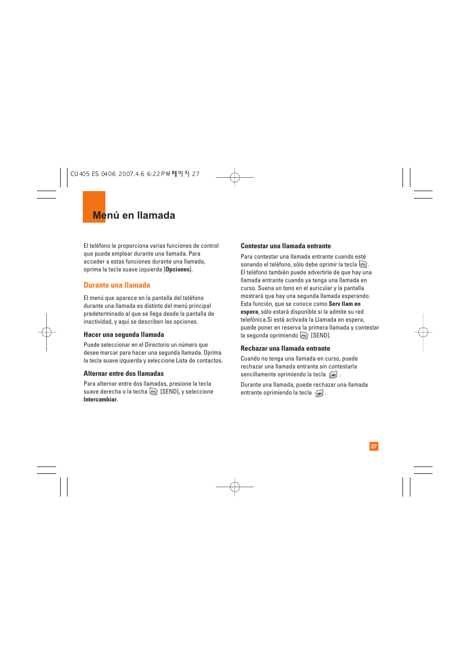 Menú en llamada | AT&T CU405 User Manual | Page 141 / 230