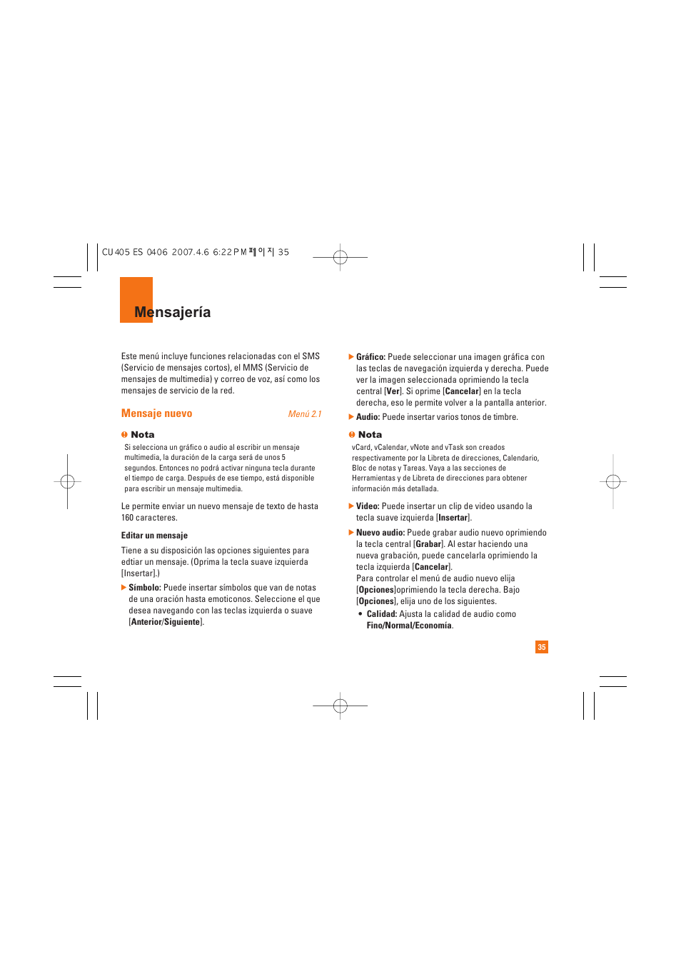Mensajería, Mensaje nuevo | AT&T CU405 User Manual | Page 149 / 230