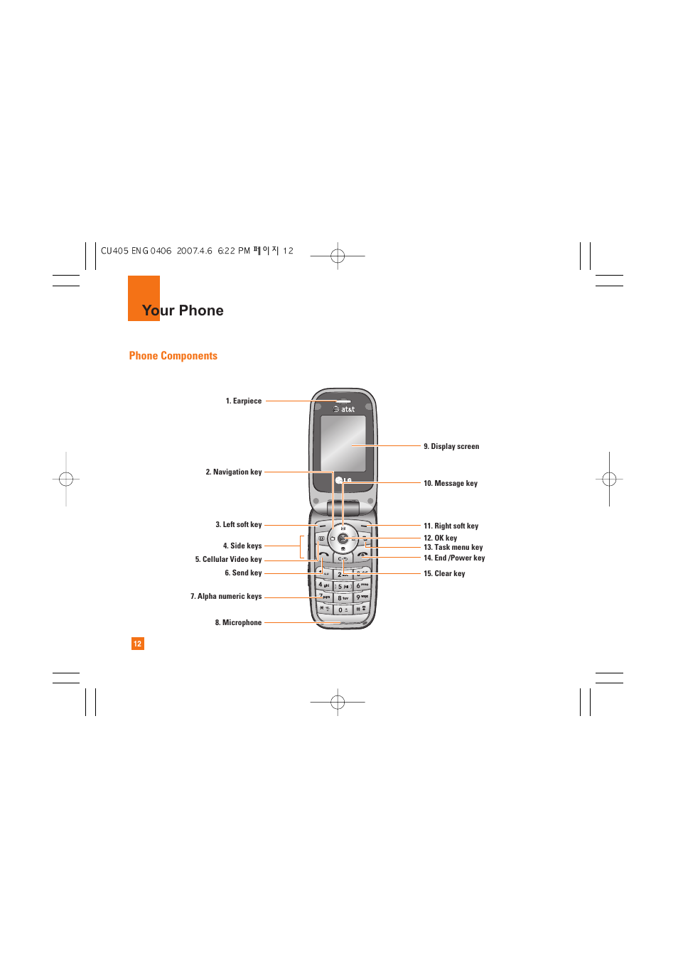 Your phone, Phone components | AT&T CU405 User Manual | Page 16 / 230