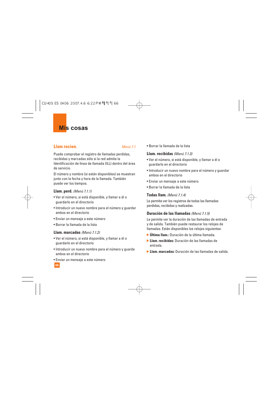 Mis cosas, Llam recien | AT&T CU405 User Manual | Page 180 / 230