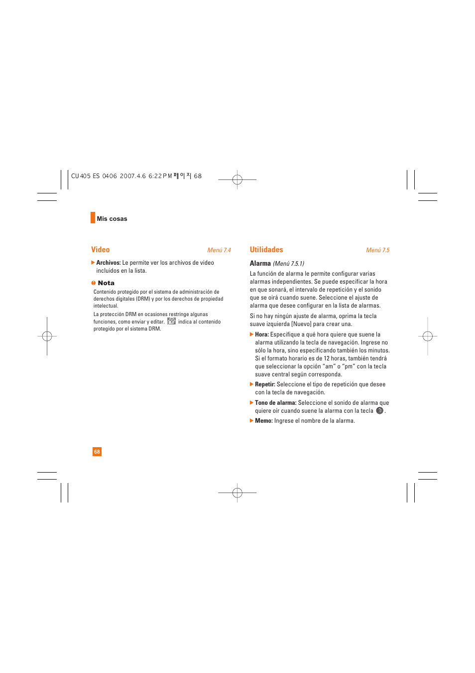 Video, Utilidades | AT&T CU405 User Manual | Page 182 / 230