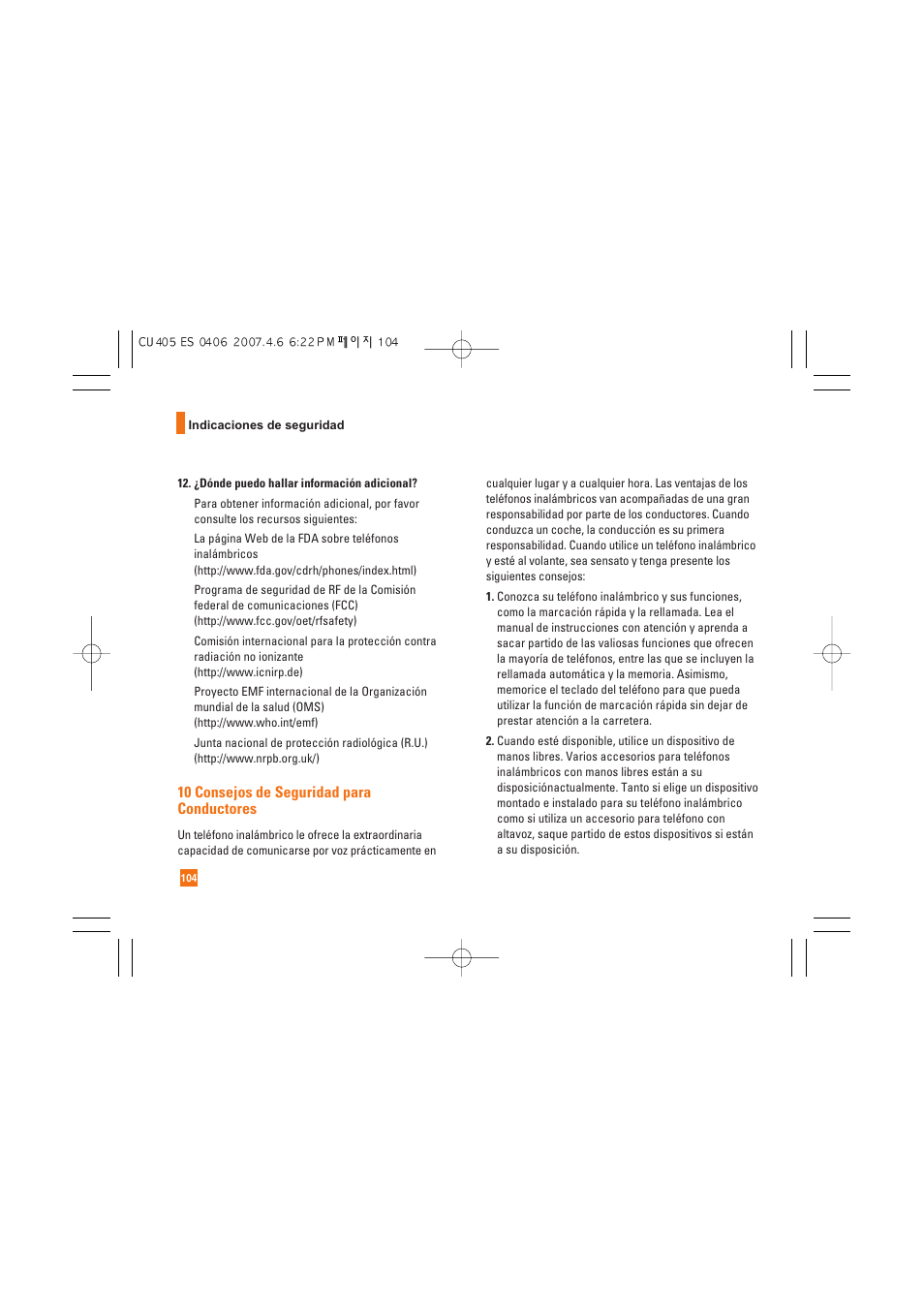 10 consejos de seguridad para conductores | AT&T CU405 User Manual | Page 218 / 230