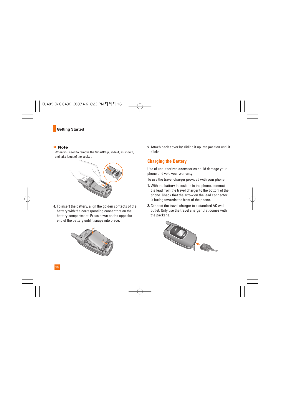 Charging the battery | AT&T CU405 User Manual | Page 22 / 230