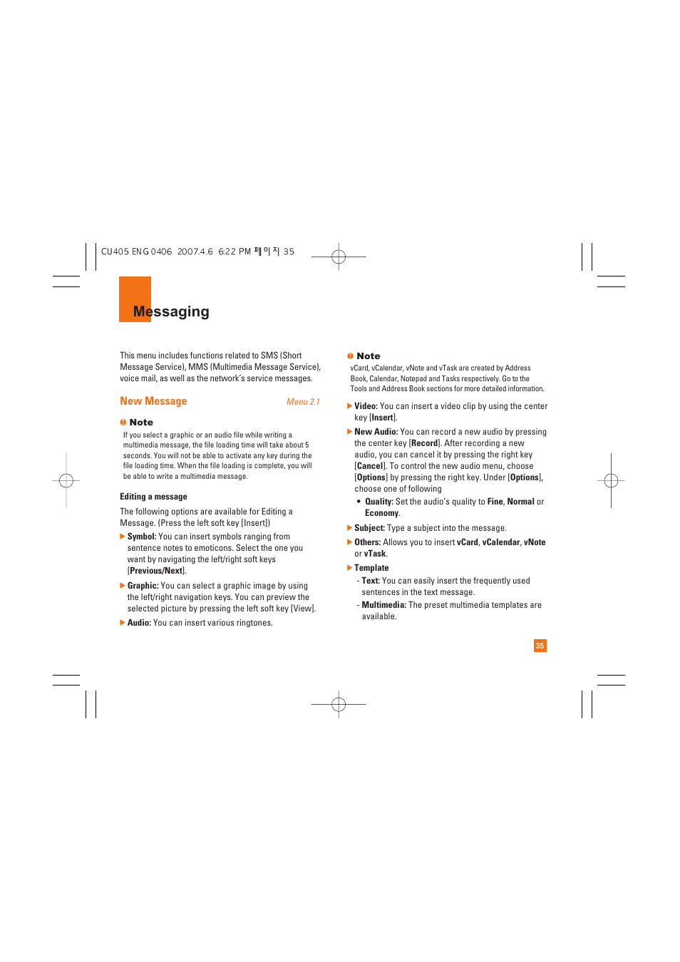 Messaging, New message | AT&T CU405 User Manual | Page 39 / 230