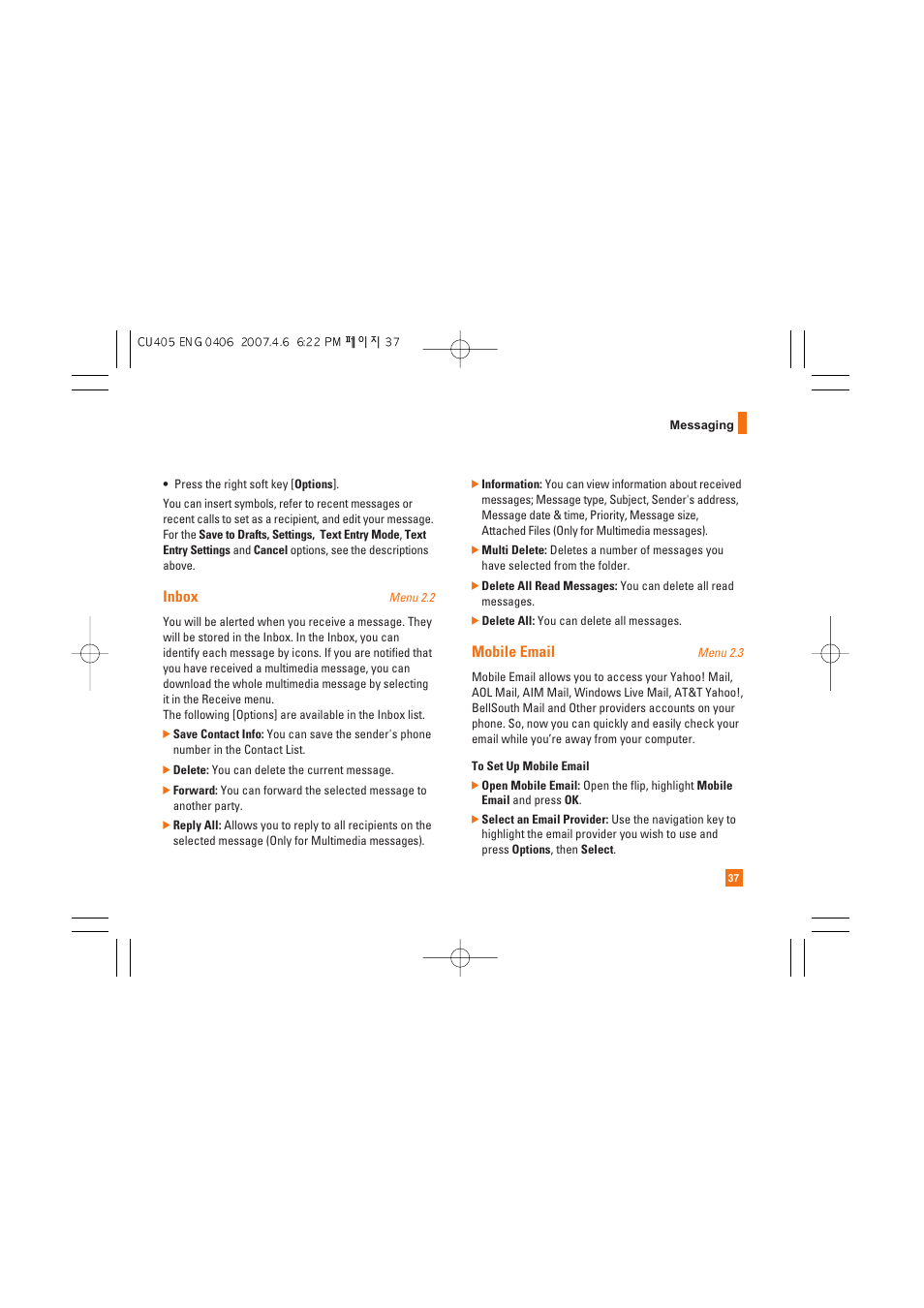 Inbox, Mobile email | AT&T CU405 User Manual | Page 41 / 230