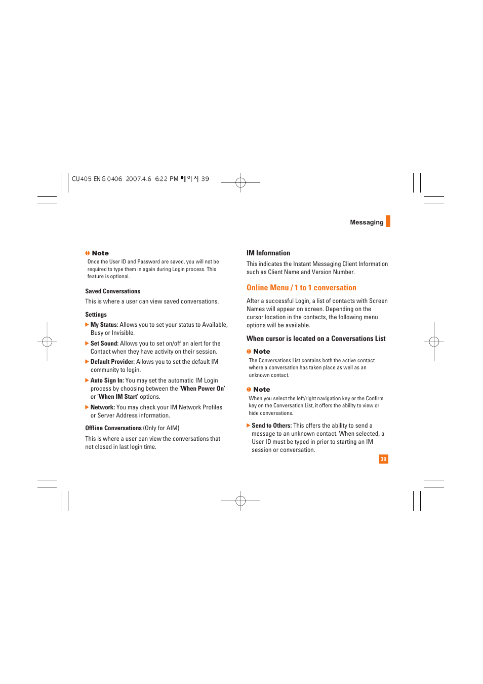 Online menu / 1 to 1 conversation | AT&T CU405 User Manual | Page 43 / 230