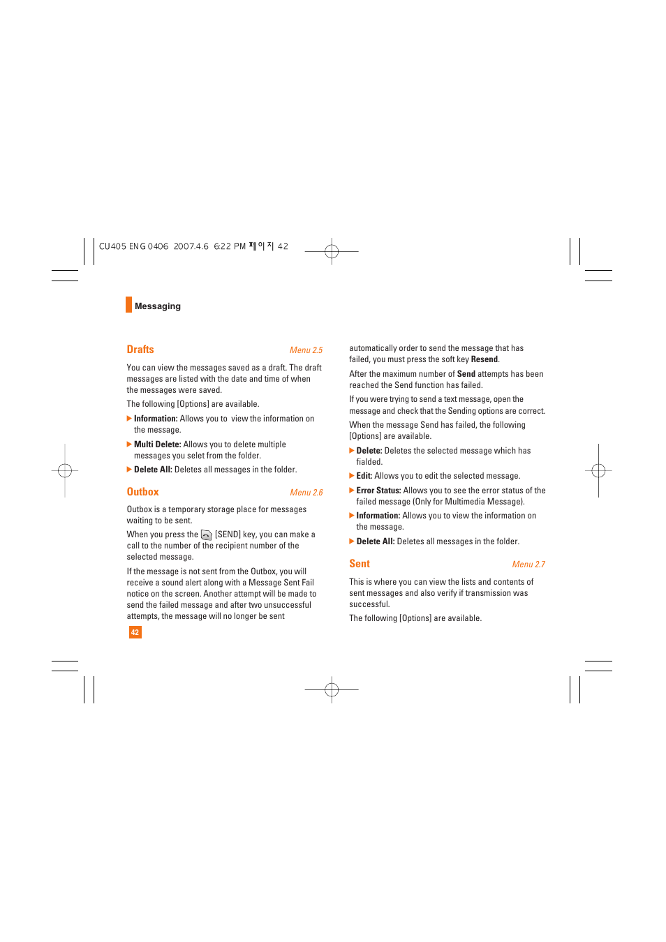 Drafts, Outbox, Sent | AT&T CU405 User Manual | Page 46 / 230