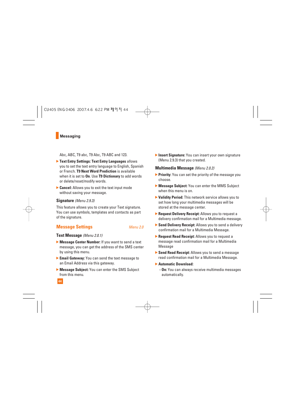 Message settings | AT&T CU405 User Manual | Page 48 / 230