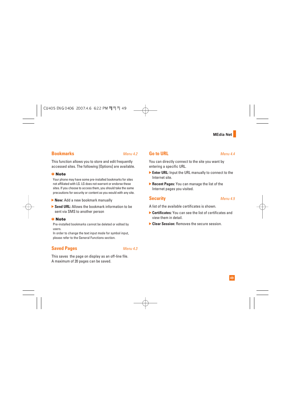 Bookmarks, Saved pages, Go to url | Security | AT&T CU405 User Manual | Page 53 / 230