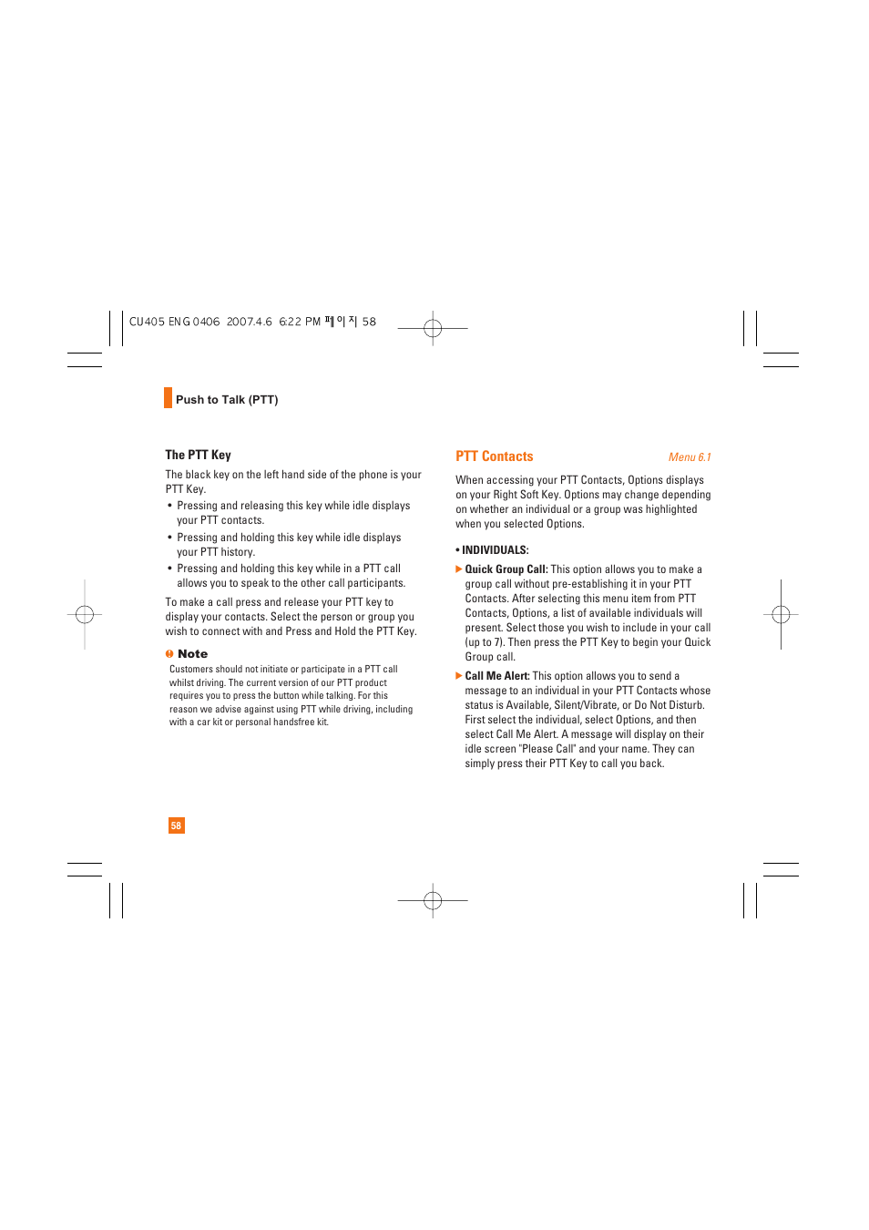 Ptt contacts | AT&T CU405 User Manual | Page 62 / 230