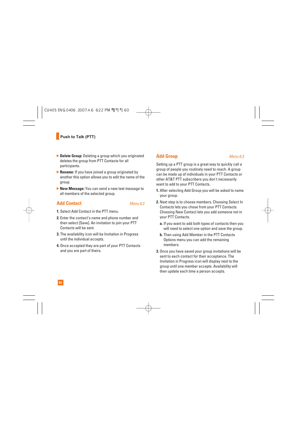 Add contact, Add group | AT&T CU405 User Manual | Page 64 / 230