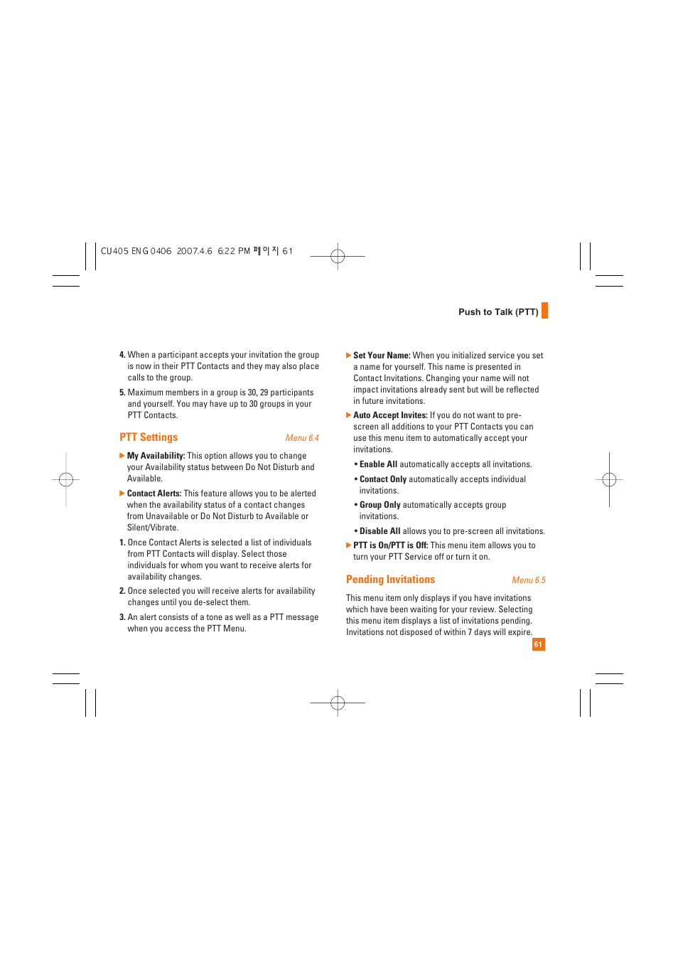 Ptt settings, Pending invitations | AT&T CU405 User Manual | Page 65 / 230