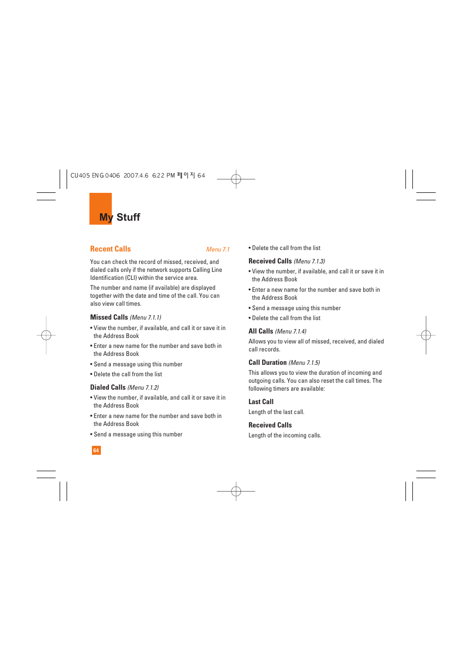 My stuff | AT&T CU405 User Manual | Page 68 / 230