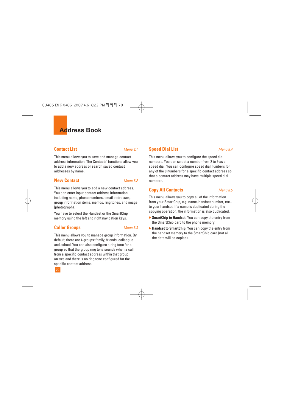 Address book | AT&T CU405 User Manual | Page 74 / 230