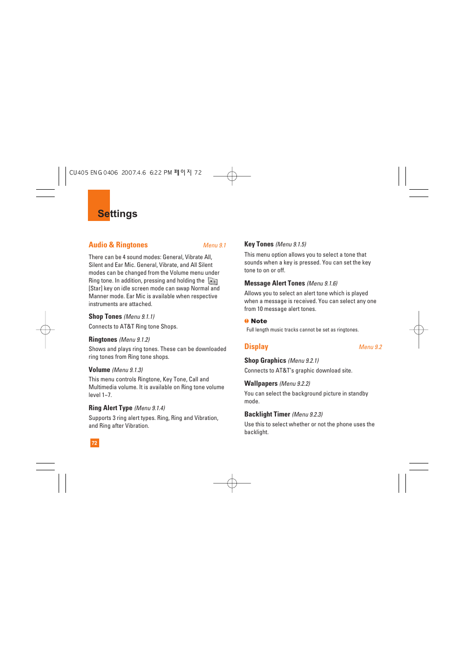 Settings | AT&T CU405 User Manual | Page 76 / 230