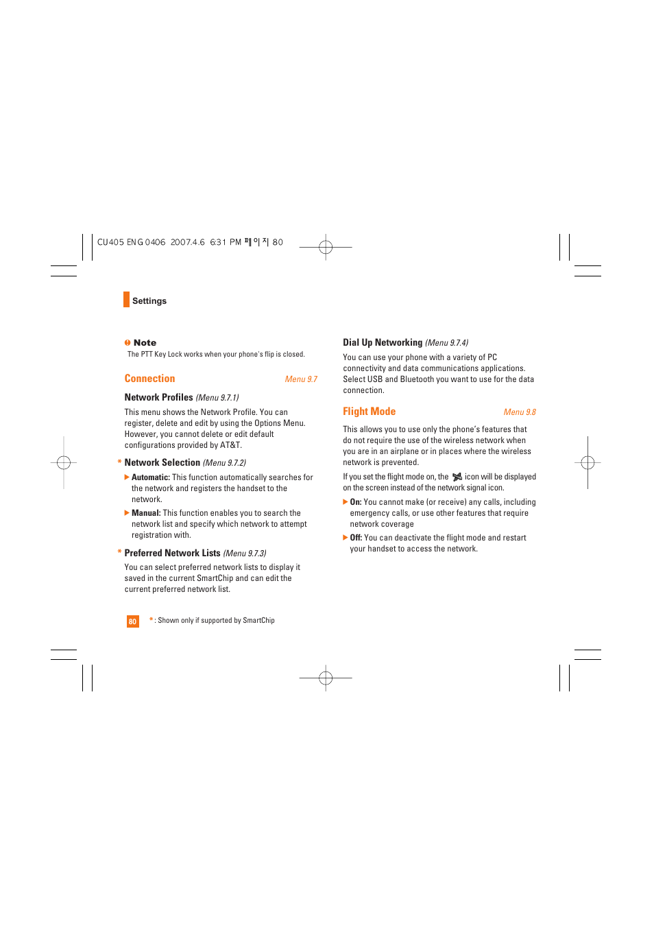 Connection, Flight mode | AT&T CU405 User Manual | Page 84 / 230