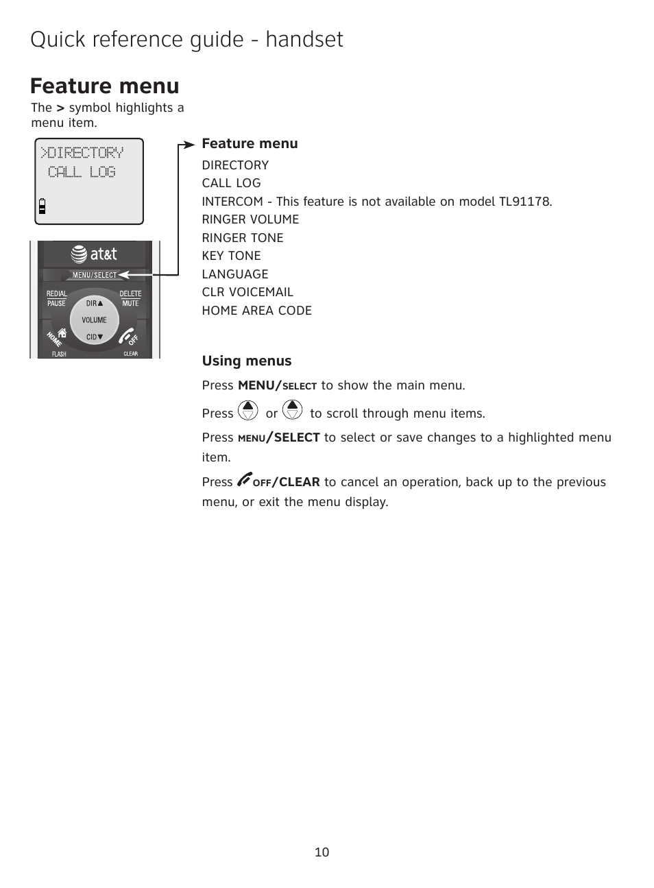 Feature menu, Quick reference guide - handset | AT&T DECT TL91178 User Manual | Page 11 / 13