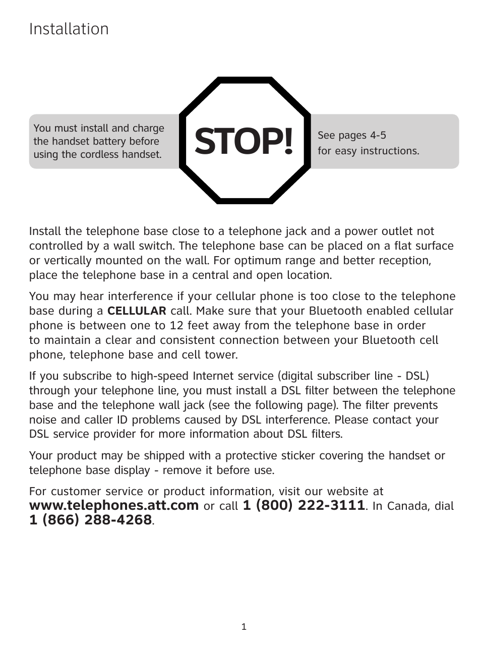 Stop, Installation | AT&T DECT TL91178 User Manual | Page 2 / 13