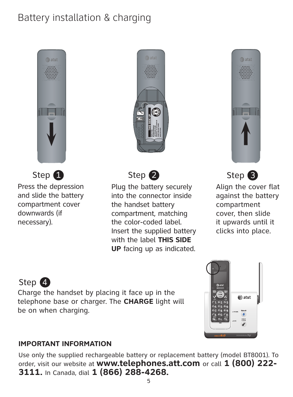 Battery installation & charging | AT&T DECT TL91178 User Manual | Page 6 / 13