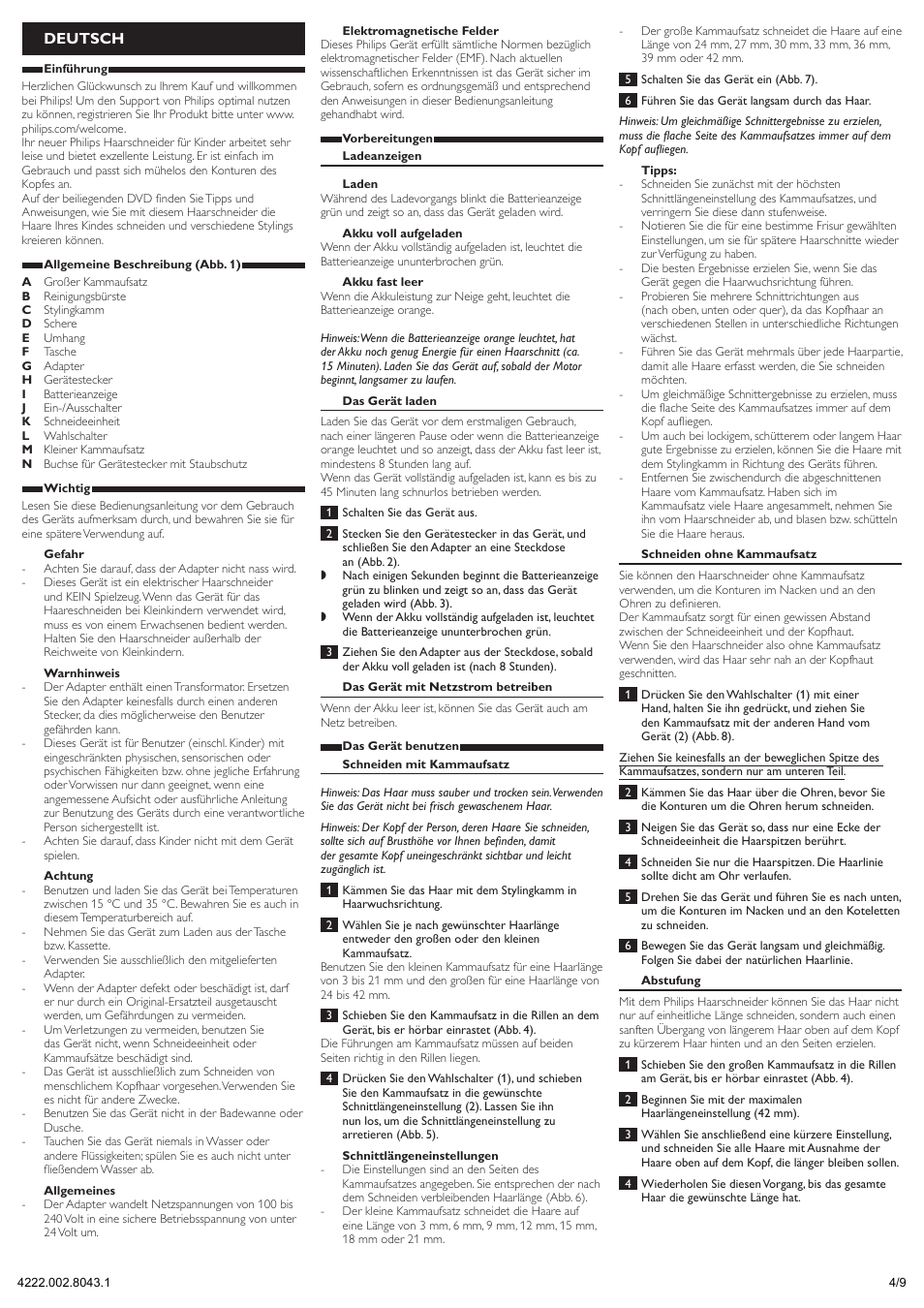 Deutsch | Philips Tondeuse cheveux User Manual | Page 4 / 9