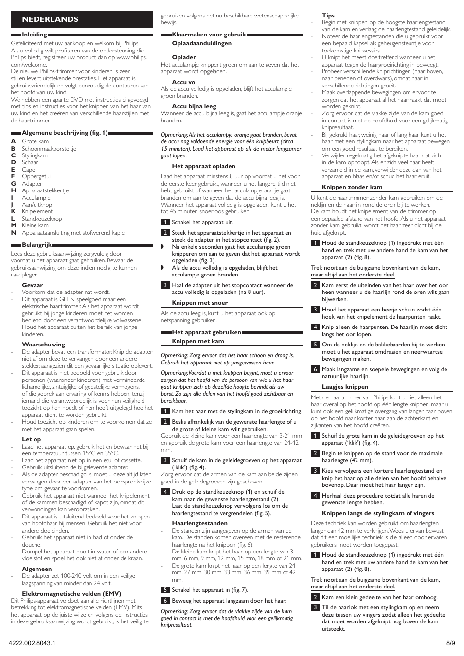Nederlands | Philips Tondeuse cheveux User Manual | Page 8 / 9