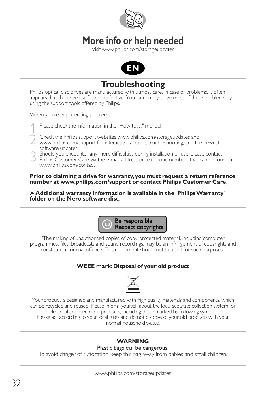 More info or help needed, Troubleshooting | Philips Graveur interne IDE User Manual | Page 31 / 51