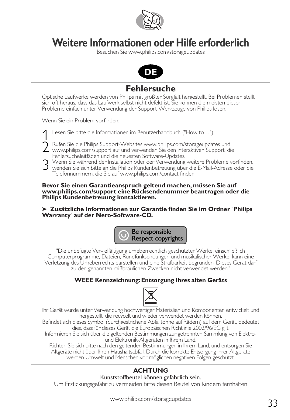 Weitere informationen oder hilfe erforderlich, Fehlersuche | Philips Graveur interne IDE User Manual | Page 32 / 51