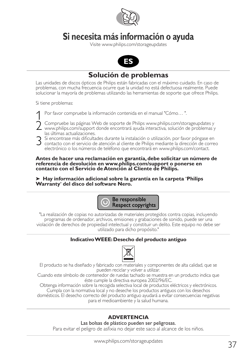 Si necesita más información o ayuda, Solución de problemas | Philips Graveur interne IDE User Manual | Page 36 / 51