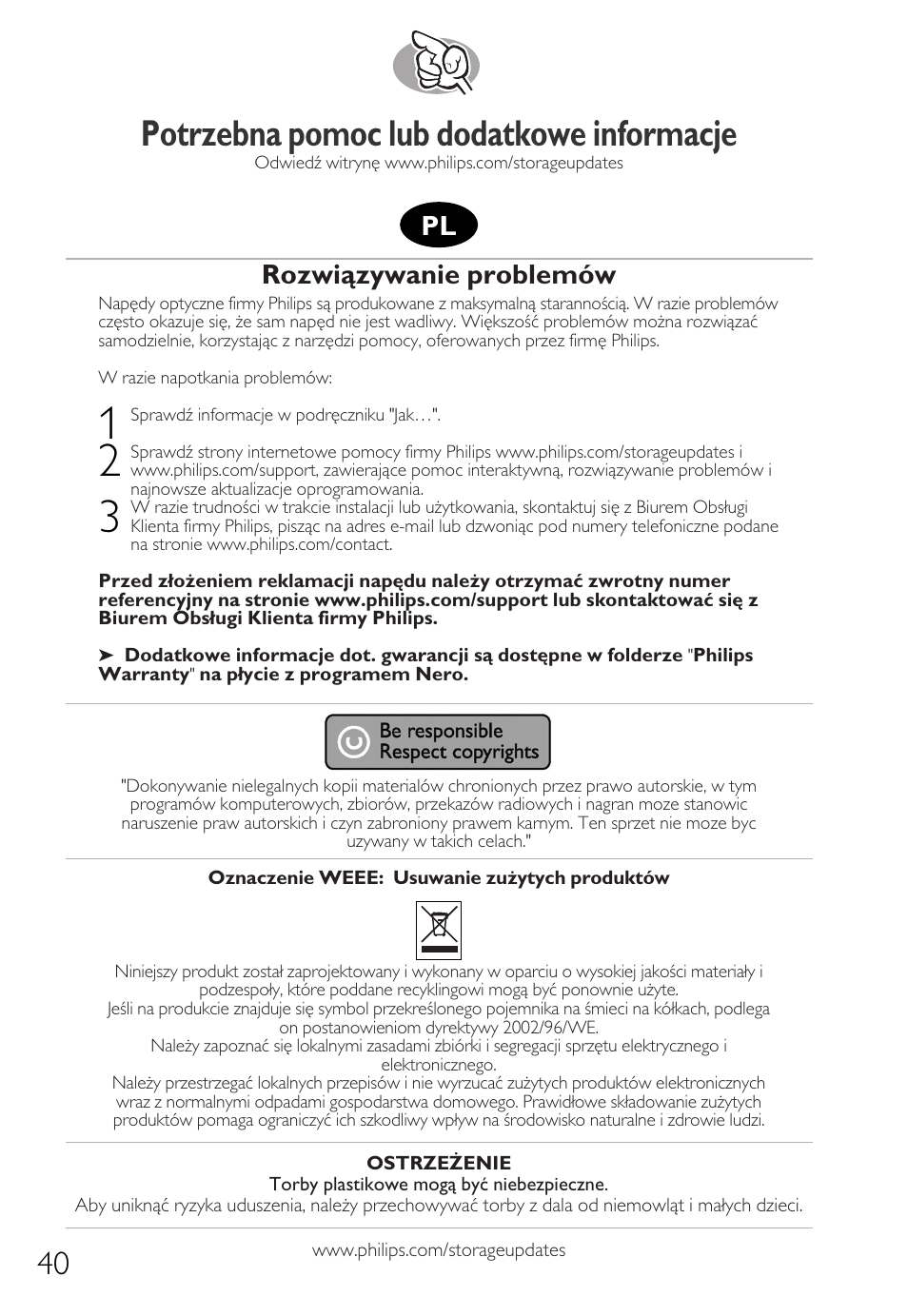 Potrzebna pomoc lub dodatkowe informacje, Rozwiązywanie problemów | Philips Graveur interne IDE User Manual | Page 39 / 51