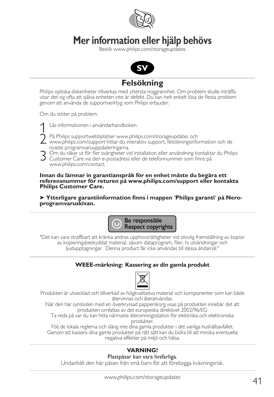 Mer information eller hjälp behövs, Felsökning | Philips Graveur interne IDE User Manual | Page 40 / 51
