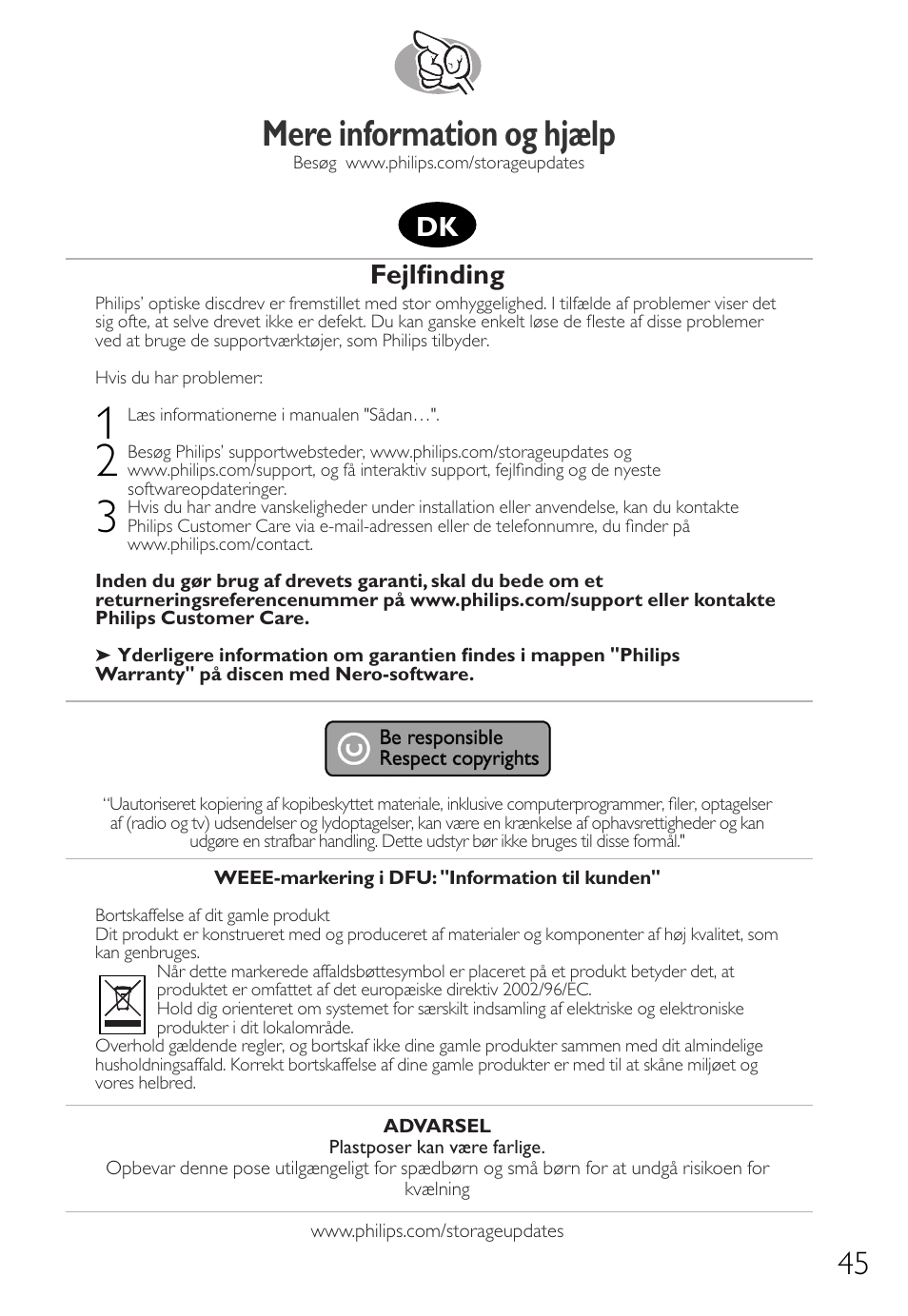 Mere information og hjælp, Fejlfinding | Philips Graveur interne IDE User Manual | Page 44 / 51